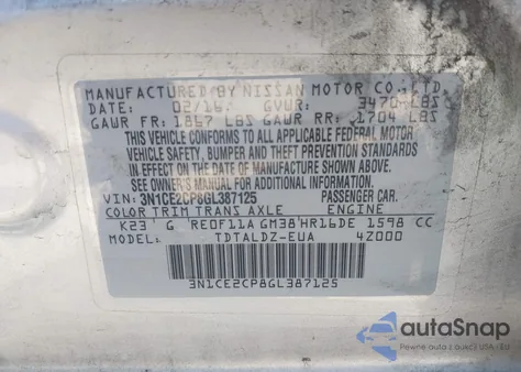 2016 Nissan Versa Note S (Sr)/S Plus/Sl/Sr/Sv z USA, uszkodzony, nr VIN 3N1CE2CP8GL387125